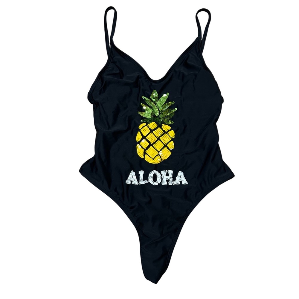 Xhilaration Womens Black Aloha Pineapple Sequin One Piece Swimsuit Size S